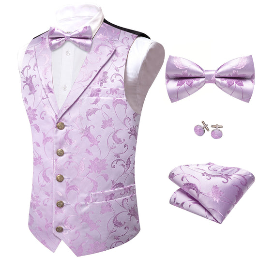 Barry. Wang Mens Lavender Floral Vest Silk Paisley Vest Bowtie Hanky Cufflinks Set