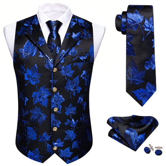 Barry. Wang Men's Dress Vest Royal Blue Leaf Jacquard Waistcoat Tie Pocket Square Cufflinks Set