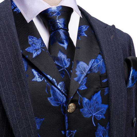 Barry. Wang Men's Dress Vest Royal Blue Leaf Jacquard Waistcoat Tie Pocket Square Cufflinks Set