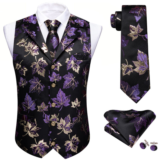 Barry. Wang Men's Vest for Wedding Purple Metallic Leaf Dress Waistcoat Tie Pocket Square Set