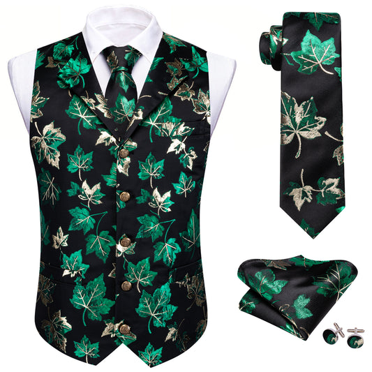 Barry. Wang Men's Formal Vest Emerald Green Metallic Leaf Suit Waistcoat Tie Pocket Square Set