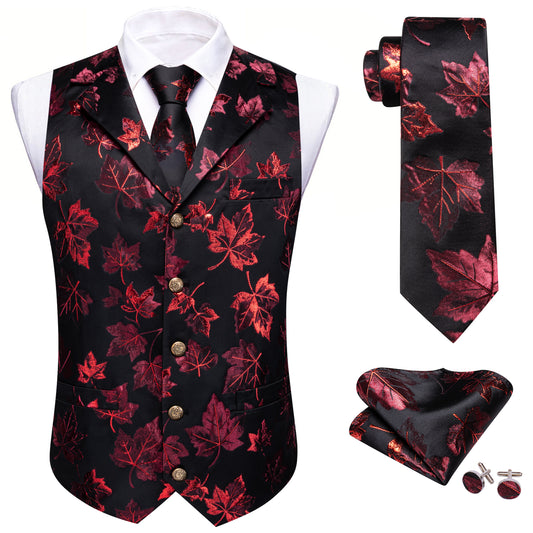 Barry. Wang Men's Casual Dress Vest Burgundy Metallic Leaf Waistcoat Tie Pocket Square Set