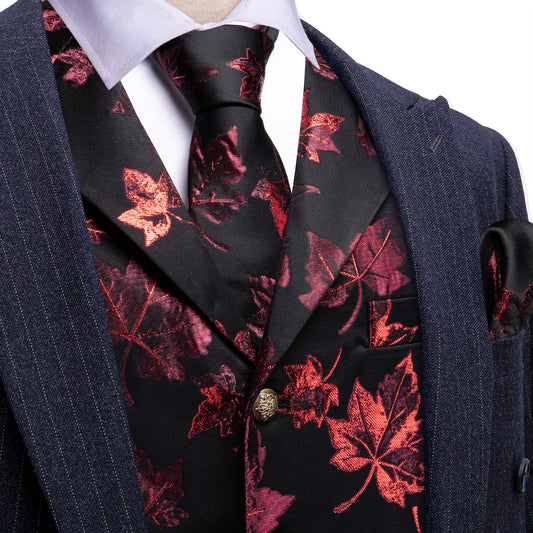Barry. Wang Men's Casual Dress Vest Burgundy Metallic Leaf Waistcoat Tie Pocket Square Set