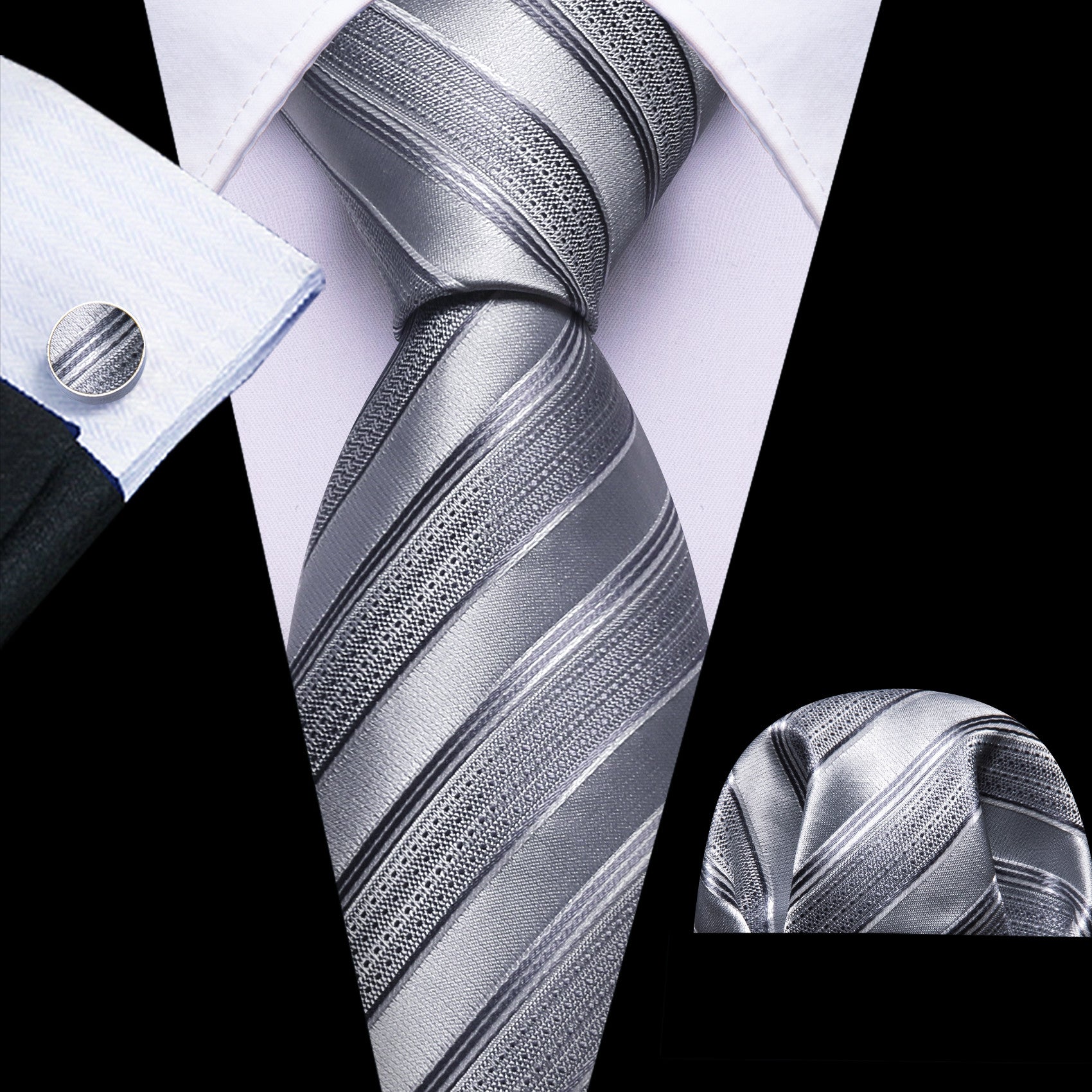 Barry. Wang Silver Tie Striped Silk Necktie Pocket Square Cufflinks Set