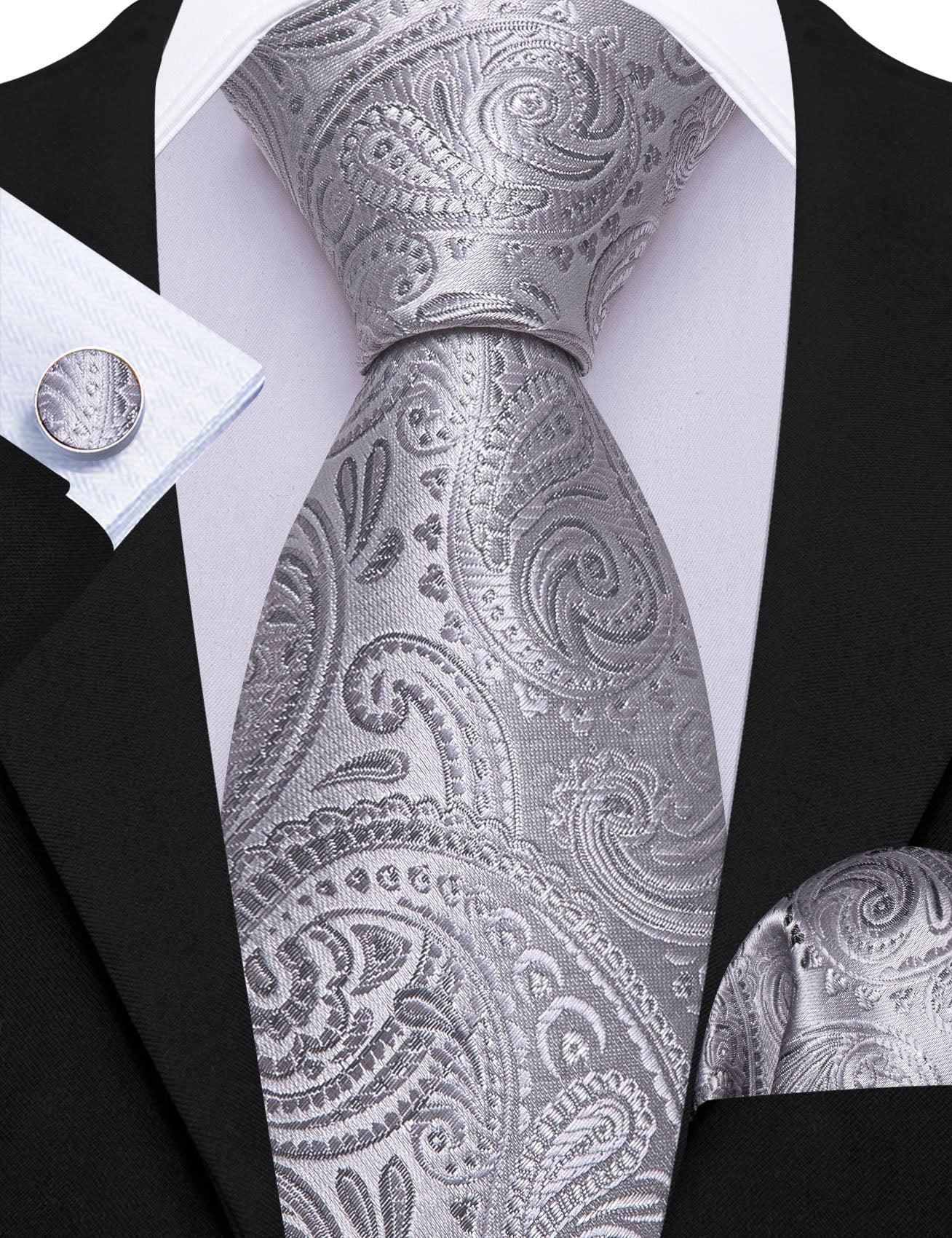 Barry. Wang Paisley Tie Silver Silk Men's Tie Pocket Square Cufflinks Set
