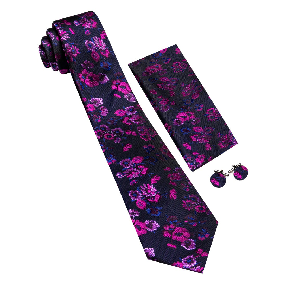 Barry. Wang Blue Purple Floral Tie Pocket Square Cufflinks Set for Men