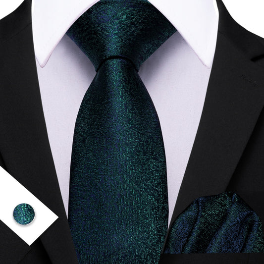 Barry. Wang Dark Green Necktie Mens Solid Slik Tie Handkerchief Cufflinks Set for Business