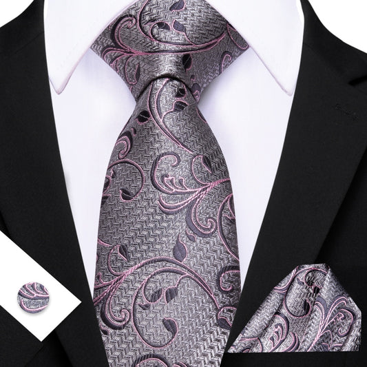Barry. Wang Silver Tie Plum Floral Tie Mens Silk Tie Pocket Square Cufflinks Set