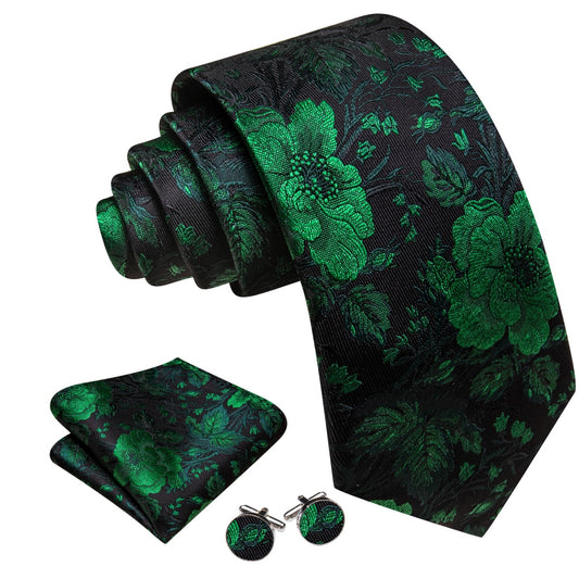 Barry. Wang Black Green Floral Tie Mens Silk Tie Pocket Square Cufflinks Set