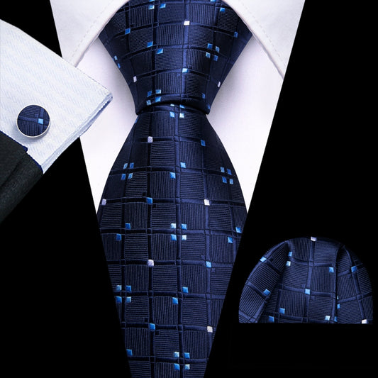 Barry. Wang Navy Tie White Blue Plaid Tie Silk Tie Pocket Square Cufflinks Set