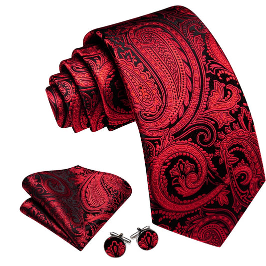 Barry. Wang Black Red Paisley Tie Pocket Square Cufflinks Set Silk Mens Ties