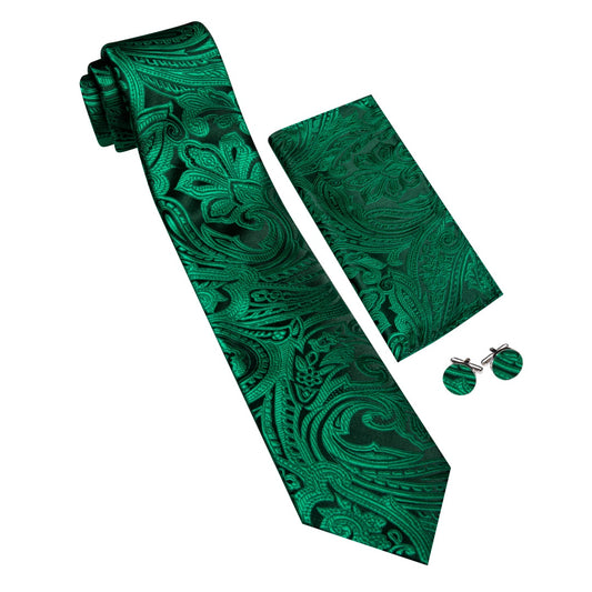 Barry. Wang Green Floral Tie Silk Tie Pocket Square Cufflinks Set For Men