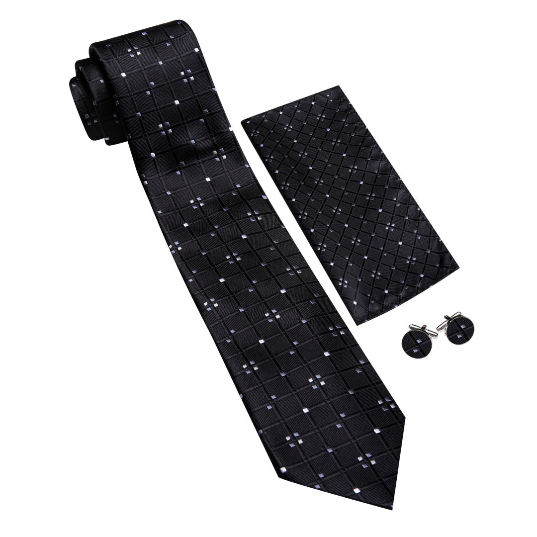 Barry. Wang Men's Black Plaid Necktie Handkerchief Cufflinks Set