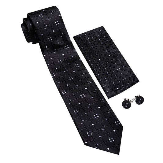 Barry. Wang Men's Black Plaid Necktie Handkerchief Cufflinks Set