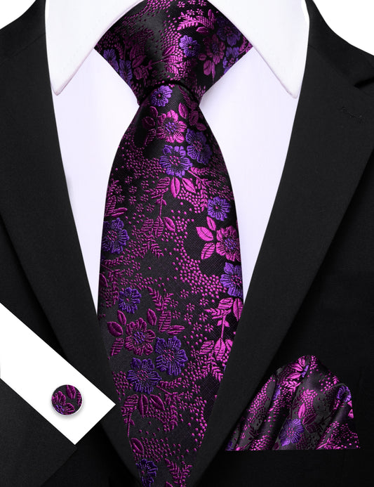 Barry. Wang Dark Purple Floral Tie Mens Silk Tie Pocket Square Cufflinks Set