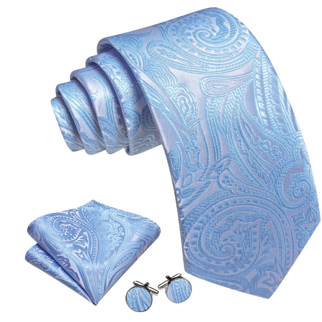 Barry. Wang Dodger Blue Floral Tie Mens Silk Tie Pocket Square Cufflinks Set