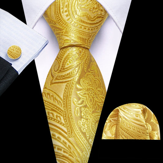 Barry. Wang Golden Yellow Paisley Tie Pocket Square Cufflinks Set Ties for Men