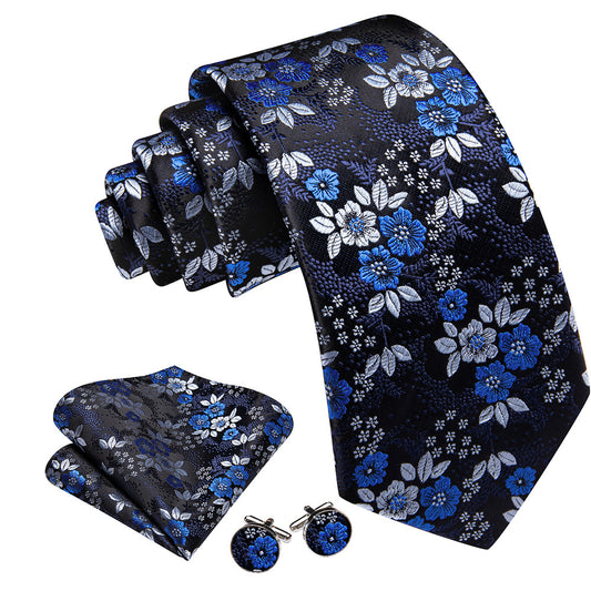 Barry. Wang Black Blue Silver Floral Tie Mens Silk Tie Pocket Square Cufflinks Set