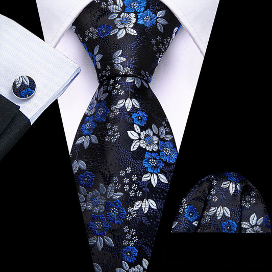Barry. Wang Black Blue Silver Floral Tie Mens Silk Tie Pocket Square Cufflinks Set