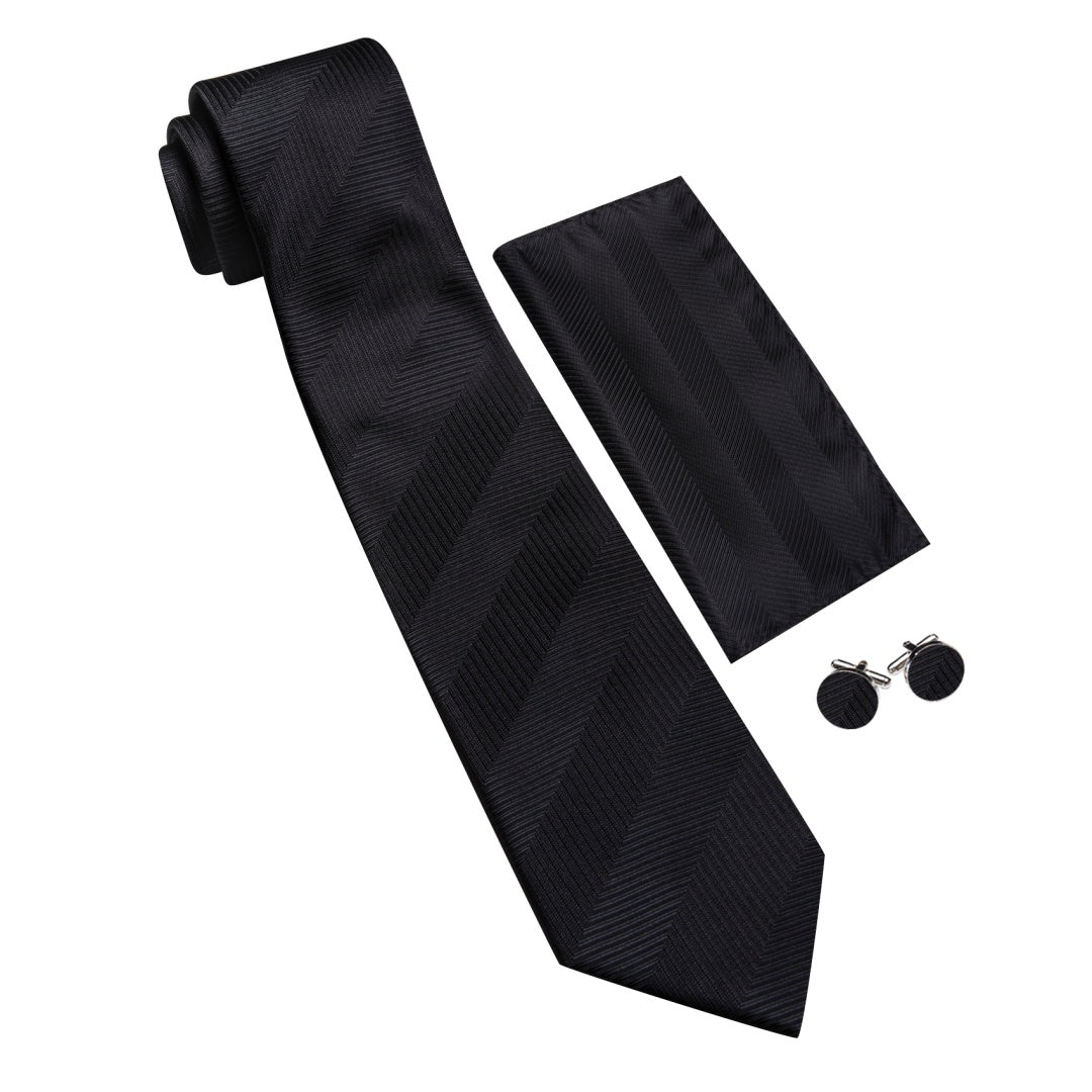Barry. Wang Black Mens Tie Silk Solid Necktie Pocket Square Cufflinks Set