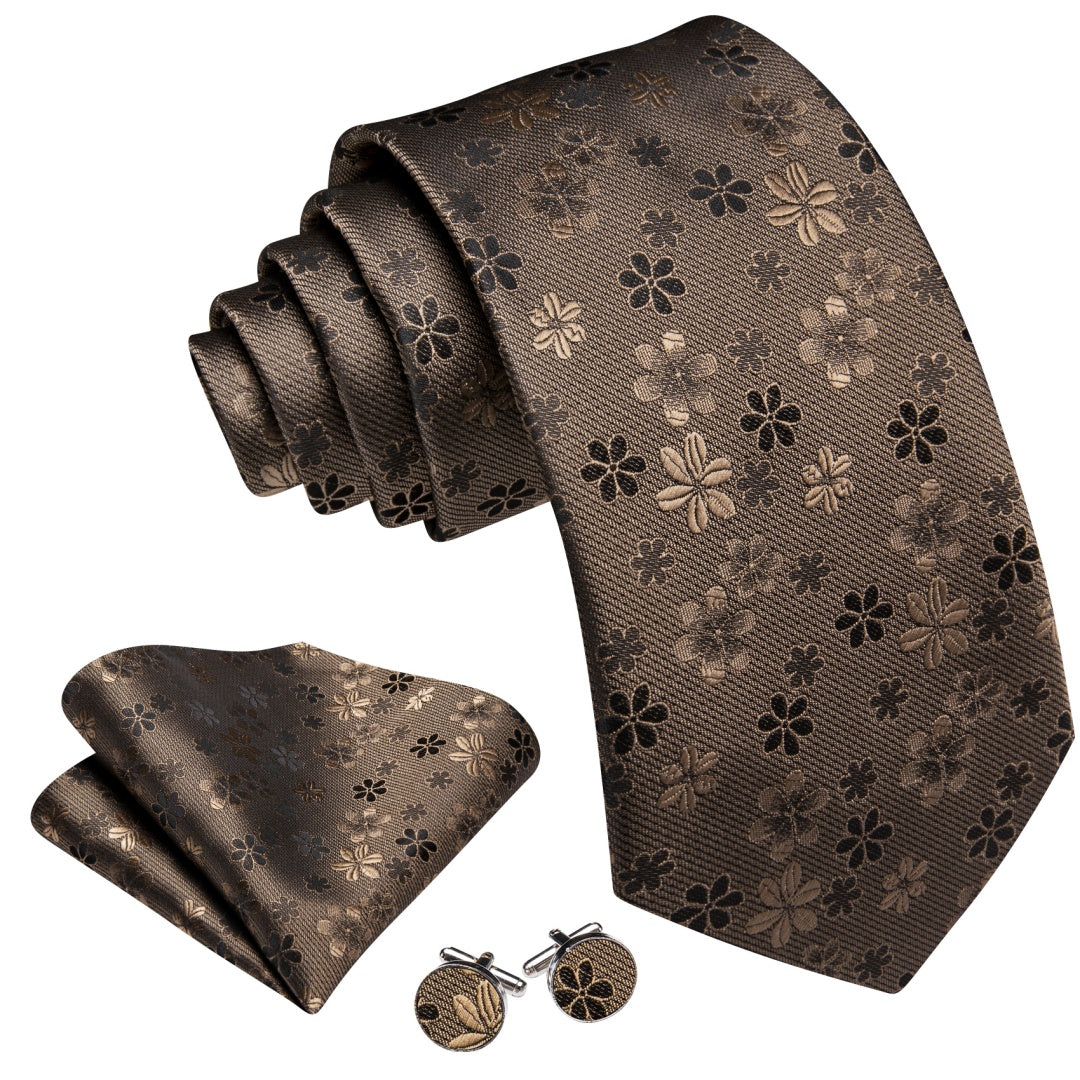 Barry. Wang Silk Mens Pastel Brown Tie Floral Tie Pocket Square Cufflinks Set