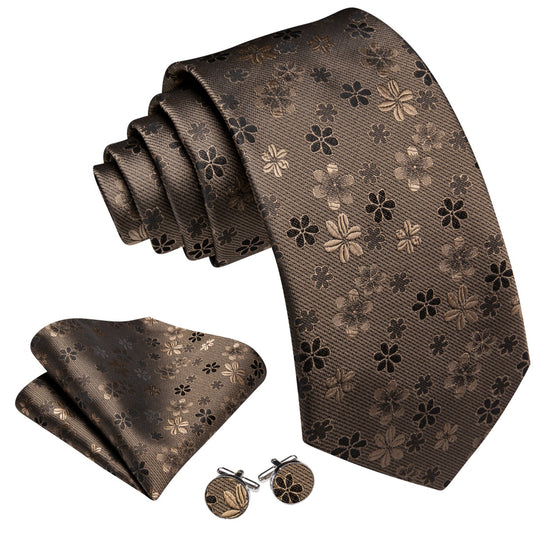 Barry. Wang Silk Mens Pastel Brown Tie Floral Tie Pocket Square Cufflinks Set