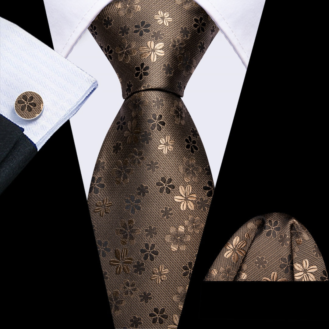 Barry. Wang Silk Mens Pastel Brown Tie Floral Tie Pocket Square Cufflinks Set