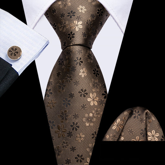 Barry. Wang Silk Mens Pastel Brown Tie Floral Tie Pocket Square Cufflinks Set