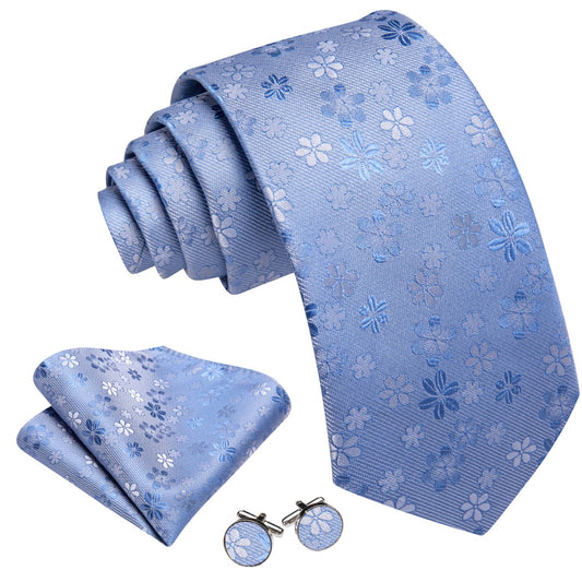 Barry. Wang Silk Men's Light Blue Tie Floral Ties for Men Wedding Necktie Set