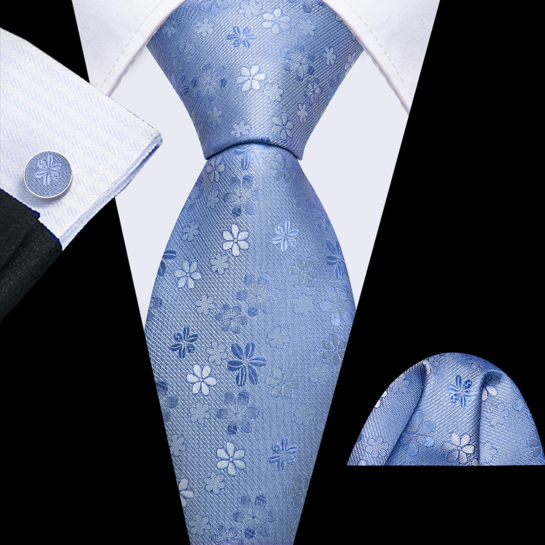 Barry. Wang Silk Men's Light Blue Tie Floral Ties for Men Wedding Necktie Set