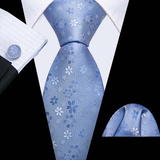 Barry. Wang Silk Men's Light Blue Tie Floral Ties for Men Wedding Necktie Set
