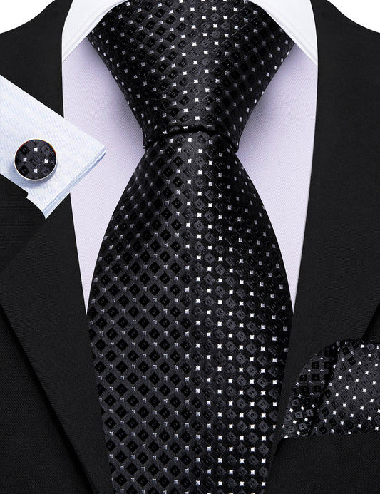 Barry. Wang Black Tie Plaid and Polka Dots Silk Tie Pocket Square Cufflinks Set for Men