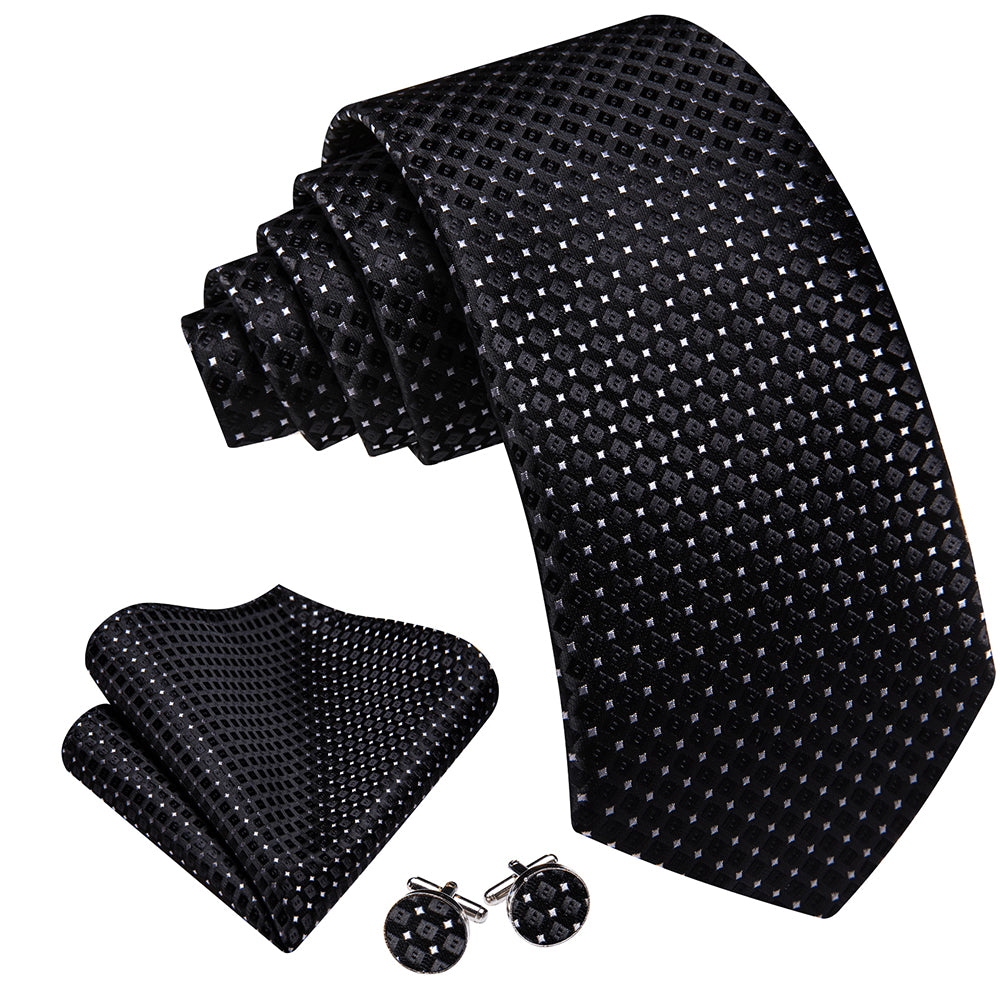 Barry. Wang Black Tie Plaid and Polka Dots Silk Tie Pocket Square Cufflinks Set for Men