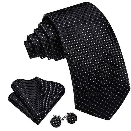Barry. Wang Black Tie Plaid and Polka Dots Silk Tie Pocket Square Cufflinks Set for Men