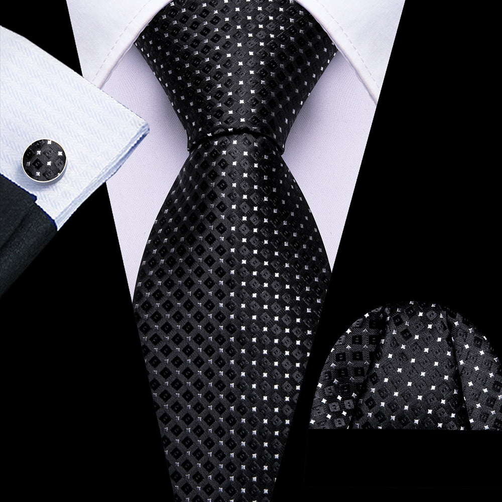 Barry. Wang Black Tie Plaid and Polka Dots Silk Tie Pocket Square Cufflinks Set for Men