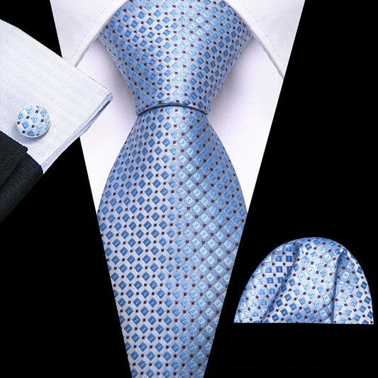 Barry. Wang Royal Blue Tie Plaid Silk Tie Pocket Square Cufflinks Set for Men