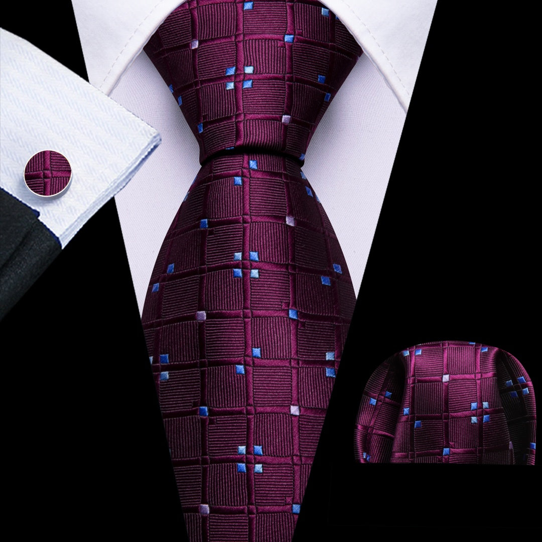 Barry. Wang Dark Pluple Tie Plaid Silk Tie Pocket Square Cufflinks Set for Men