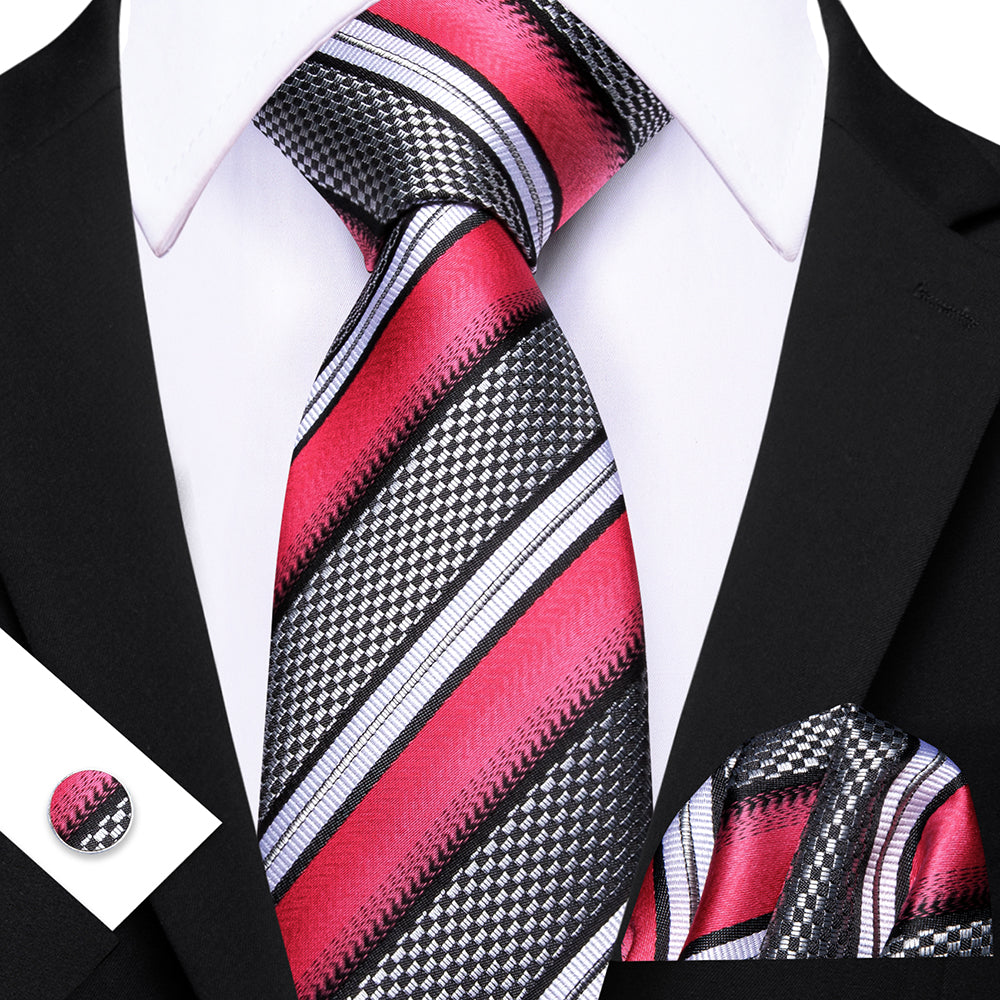 Barry. Wang Dark Pink White Grey Tie Striped Tie Silk Tie Pocket Square Cufflinks Set
