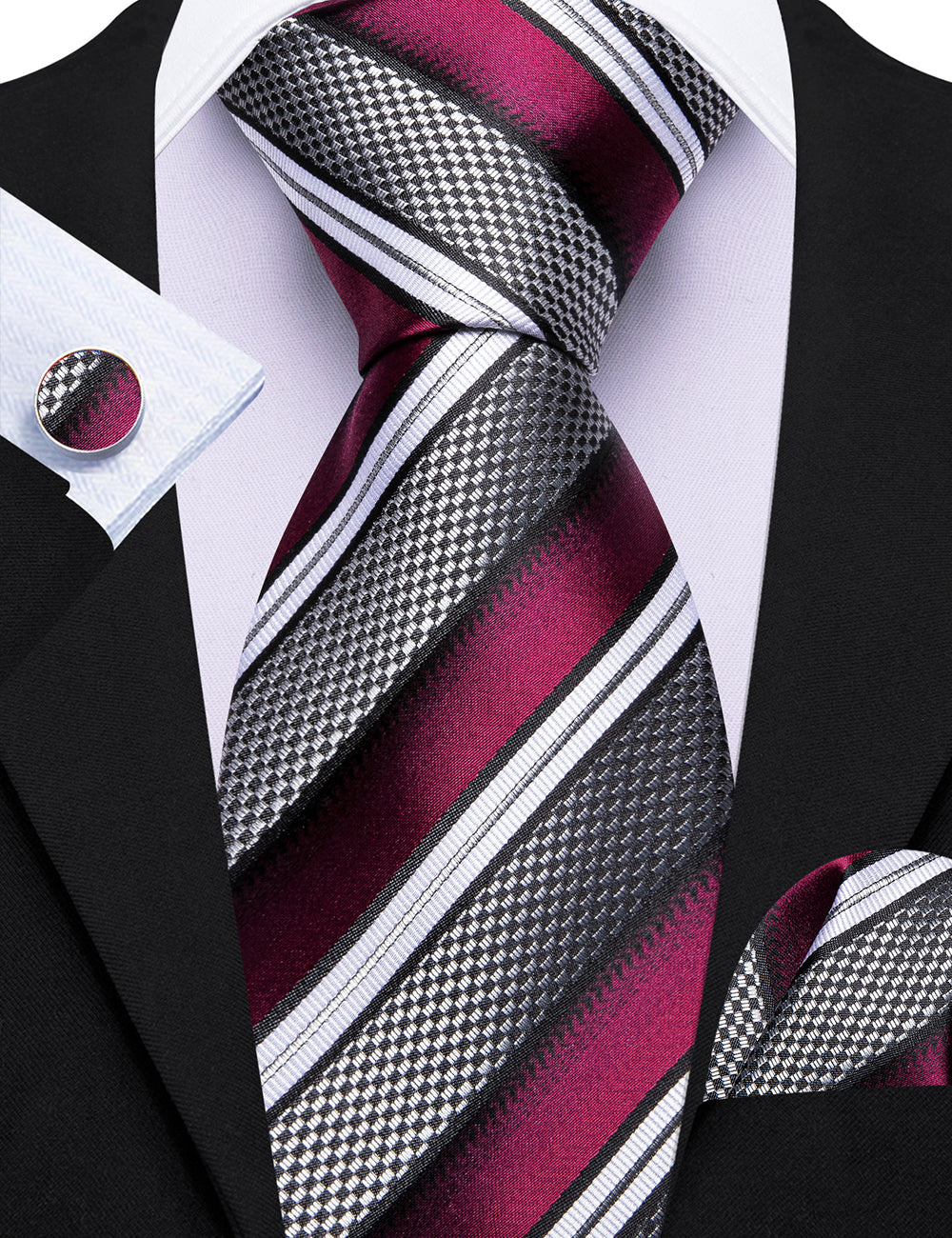 Barry. Wang Dark Purple White Grey Tie Striped Tie Silk Tie Pocket Square Cufflinks Set