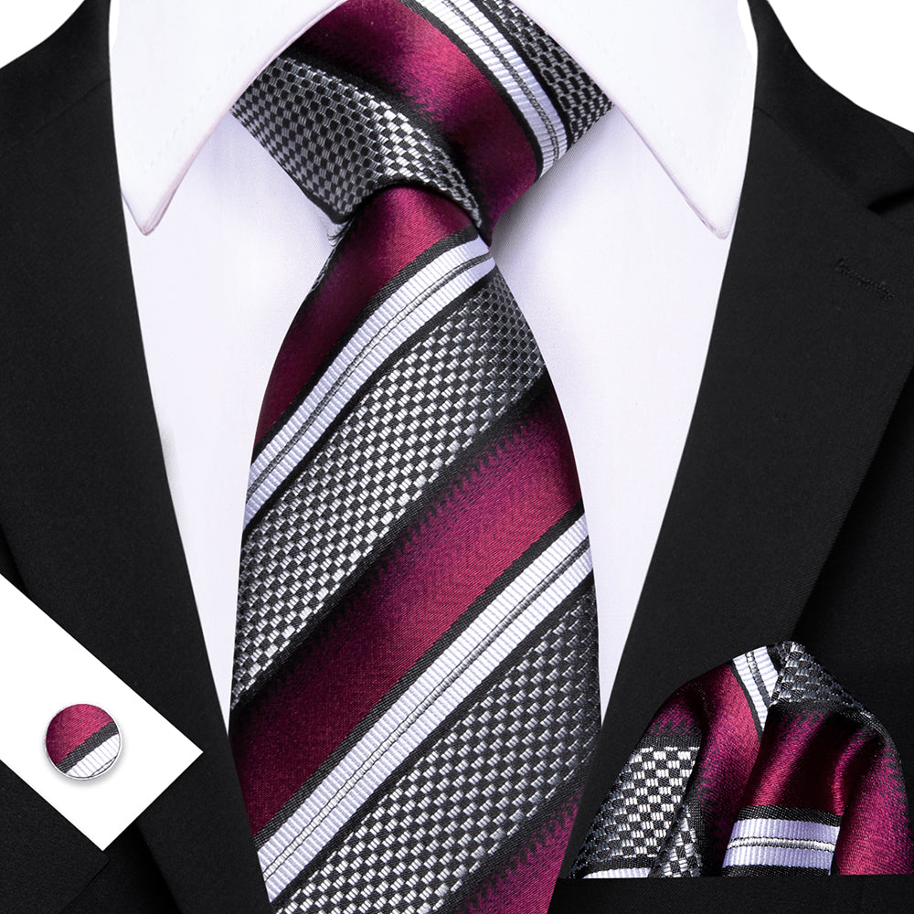 Barry. Wang Dark Purple White Grey Tie Striped Tie Silk Tie Pocket Square Cufflinks Set