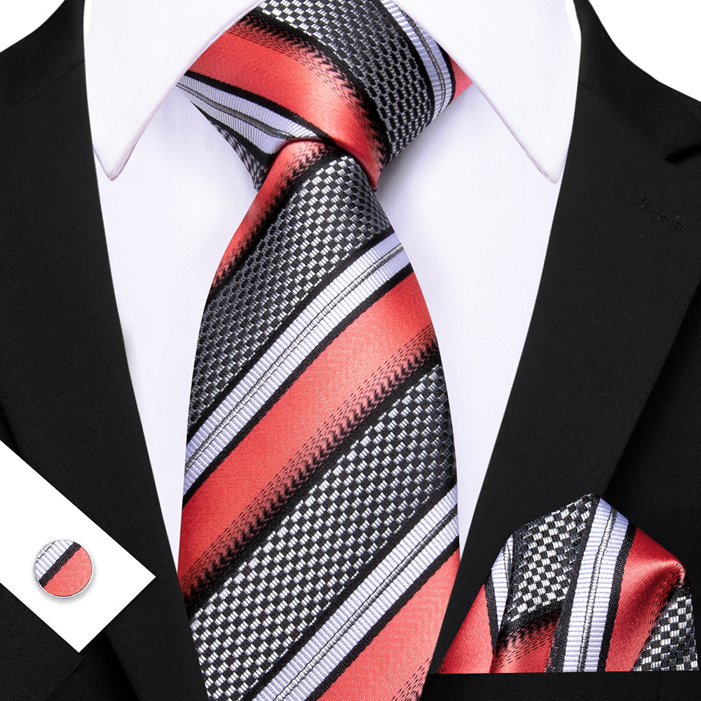 Barry. Wang Salmon White Grey Tie Striped Tie Silk Tie Pocket Square Cufflinks Set