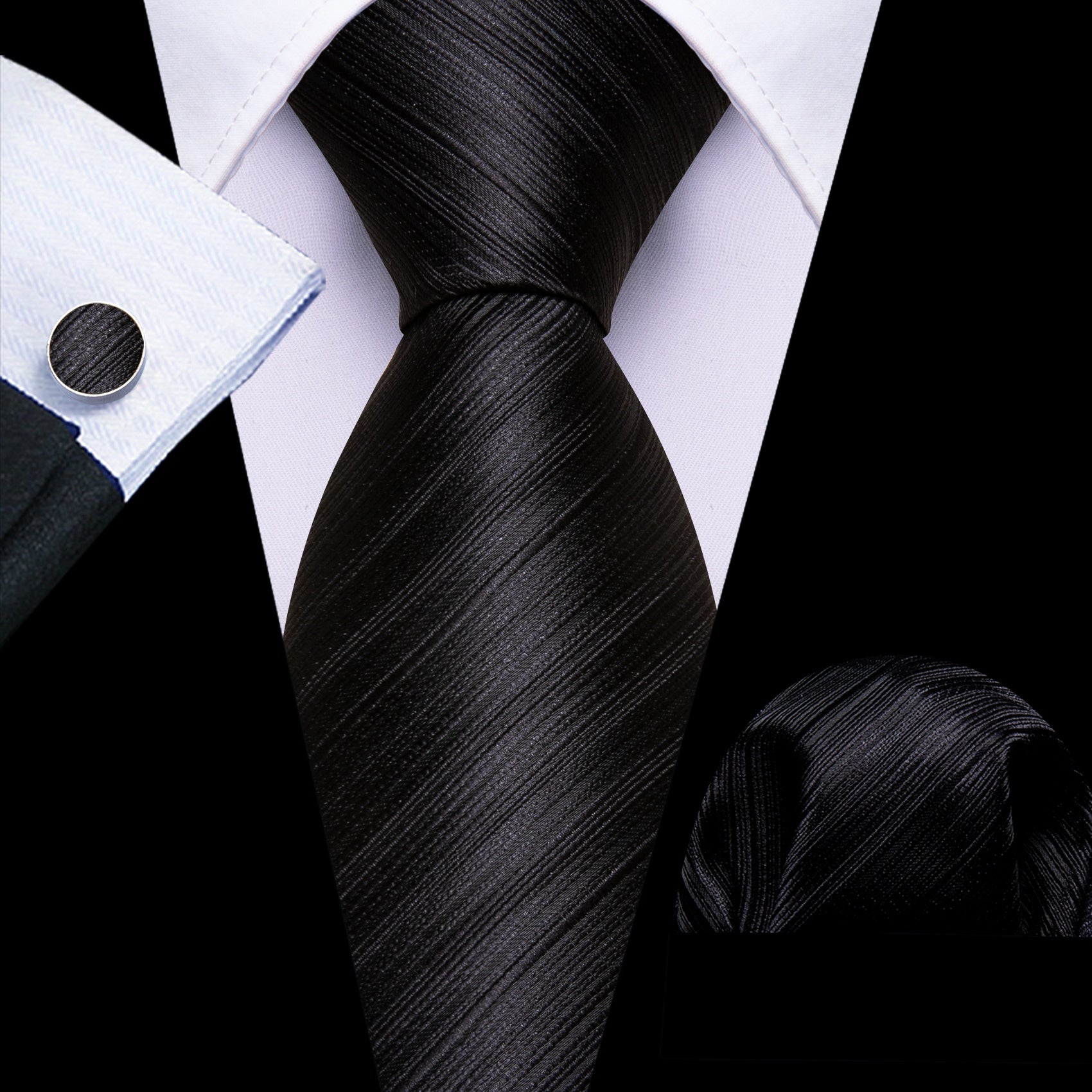 Barry. Wang Mens Solid Black Tie Silk Striped Tie Pocket Square Cufflinks Set
