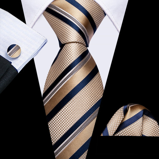 Barry. Wang Silk Tie Hot Champagne and Naby Blue Striped Business Neck Tie Set