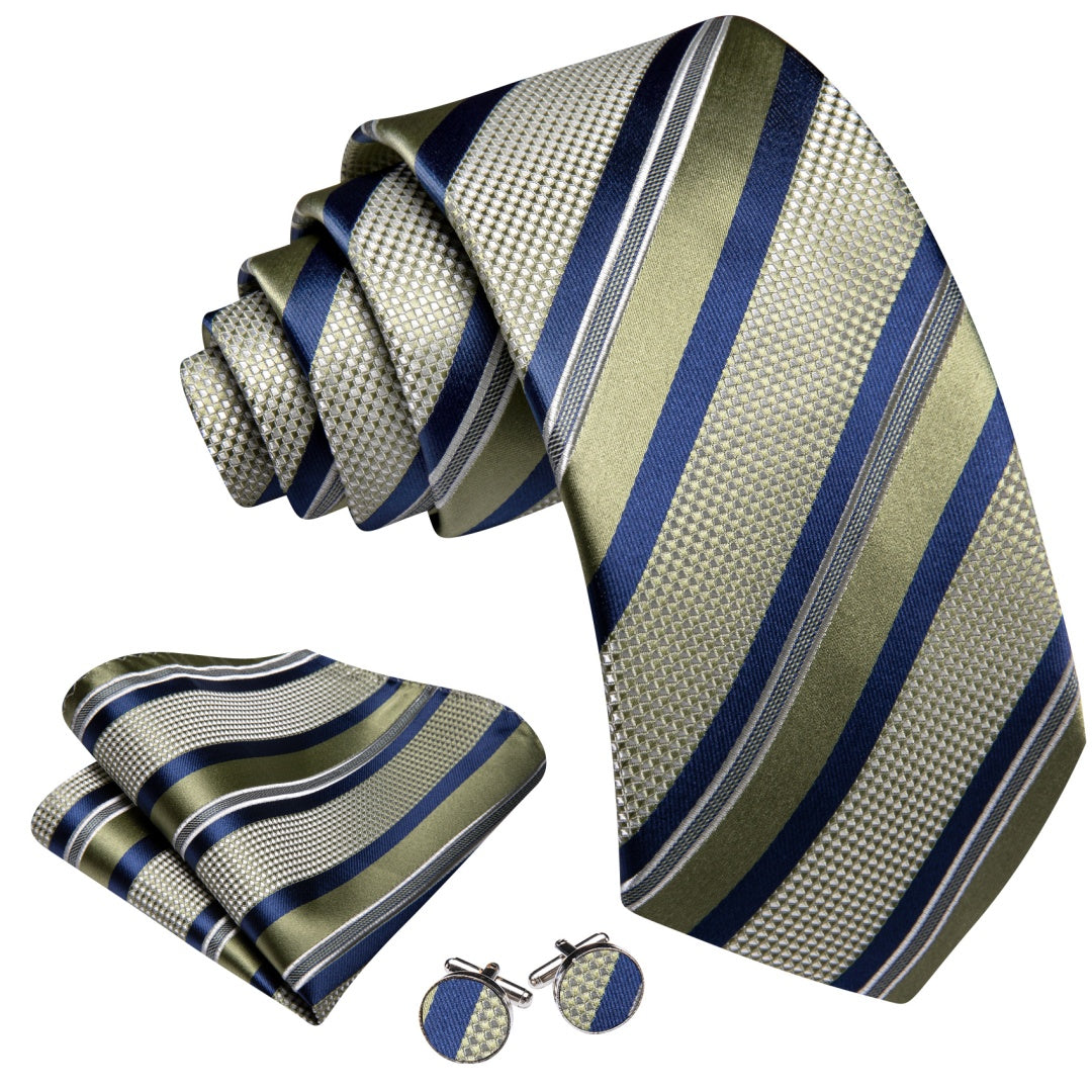 Barry. Wang Silk Mens Olive Green and Navy Blue Striped Tie Set