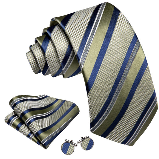 Barry. Wang Silk Mens Olive Green and Navy Blue Striped Tie Set