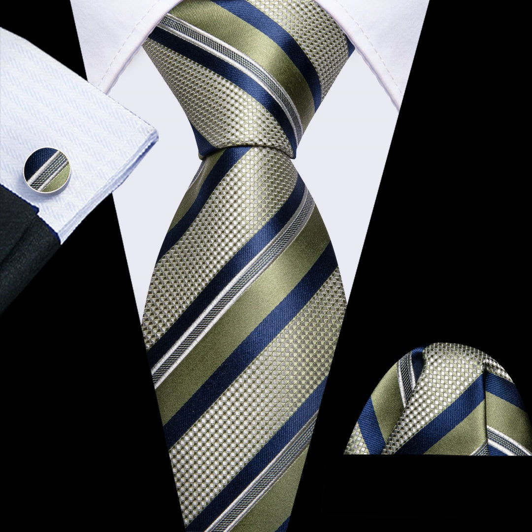 Barry. Wang Silk Mens Olive Green and Navy Blue Striped Tie Set
