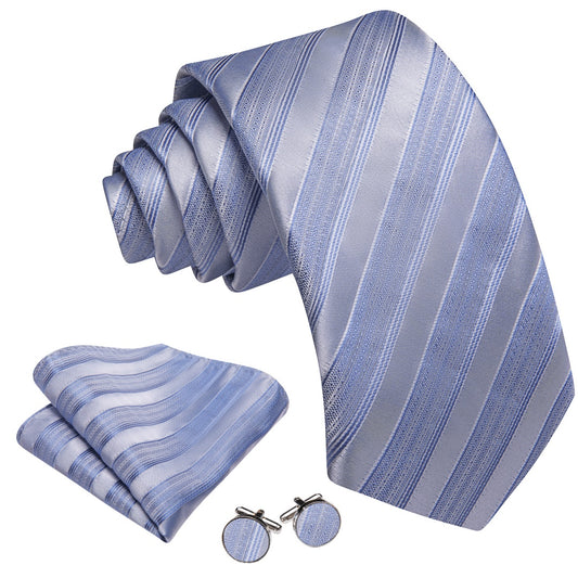 Barry. Wang Silk Men's Light Blue Striped Tie Pocket Square Cufflinks Set