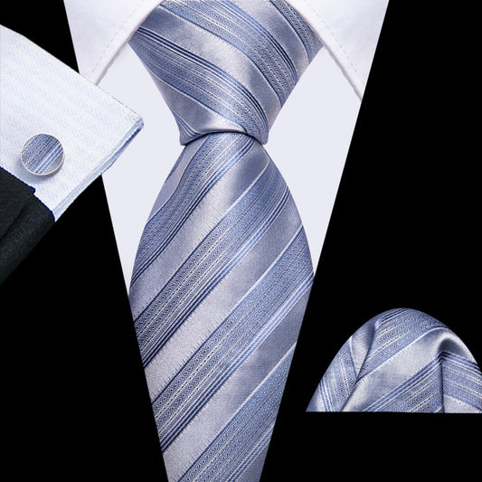 Barry. Wang Silk Men's Light Blue Striped Tie Pocket Square Cufflinks Set
