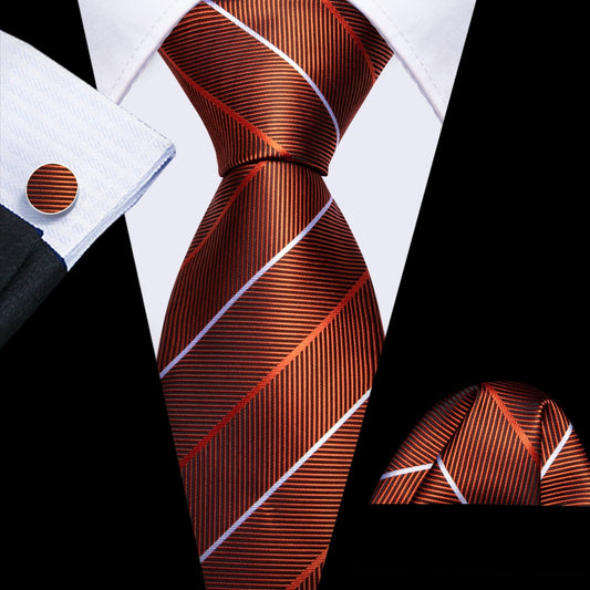 Barry. Wang Silk Mens Striped Tie Fire Brown Fashion Business Necktie Set