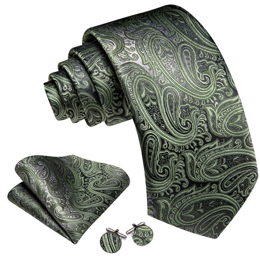 Barry. Wang Mens Silk Tie Sage Green Paisley Pattern Necktie Set